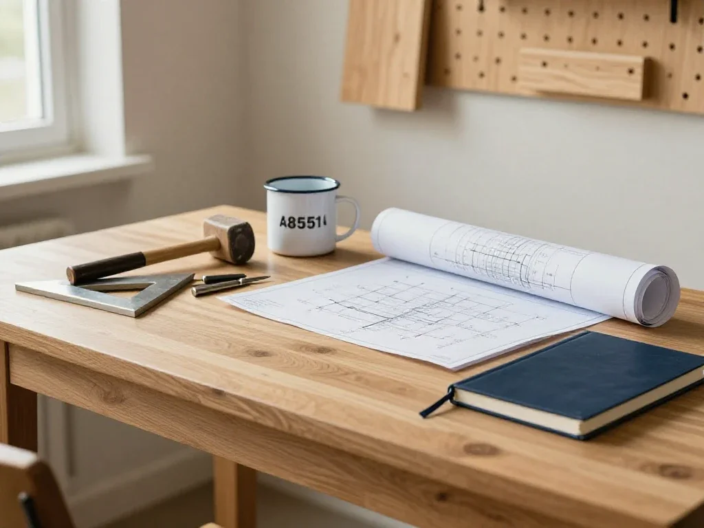 Établi de bricolage organisé avec outils et plans illustrant la phase de réflexion avant de décider.
